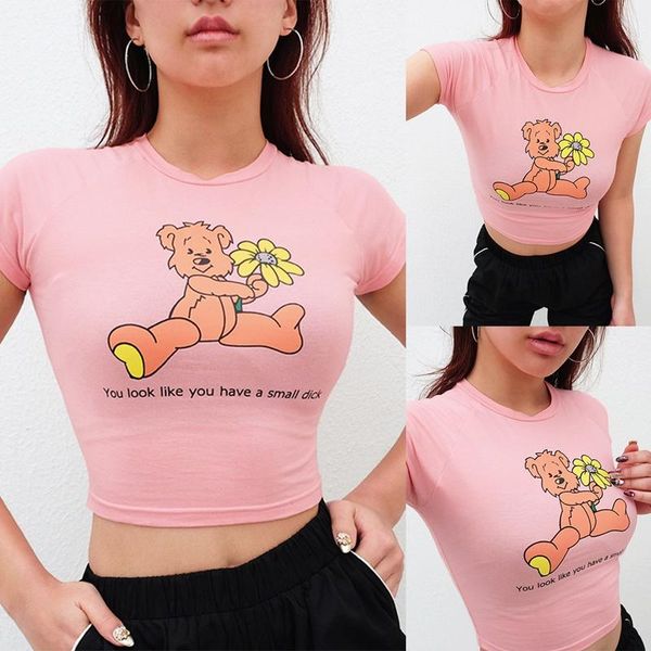 

women's fashion casual letters print slim navel short t-shirt pink, White