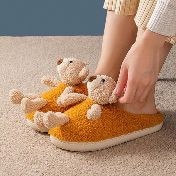 

cartoon bear home women fur slippers winter warm plush bedroom ladies flat shoes comfortable house couples furry, Black