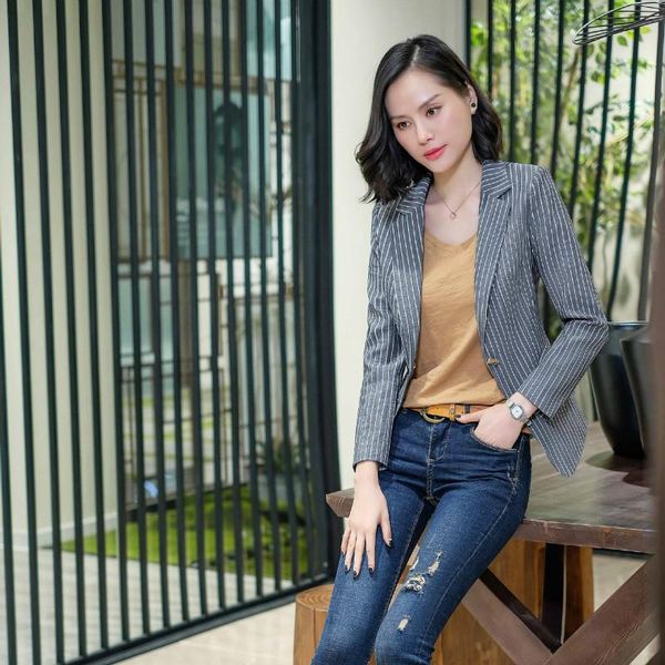 

women's suits & blazers single coat 2021 autumn fashion temperament casual slim stripes button small suit shirt, White;black