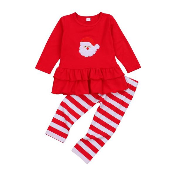 

clothing sets focusnorm christmas toddler kids girls clothes 2pcs santa print ruffles long sleeve dress striped pants 1-6y, White