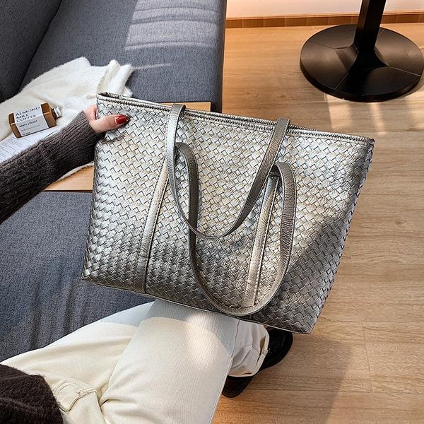 

evening bags luxury leather knit shoulder bag for women woven handbags and purses vintage female casual tote large shopper gold 2021