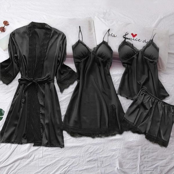 

4pc silk robe sleep women sleepwear suit lace satin pajamas gown set v neck cami nighties wear pijama home nightwear, Black;red