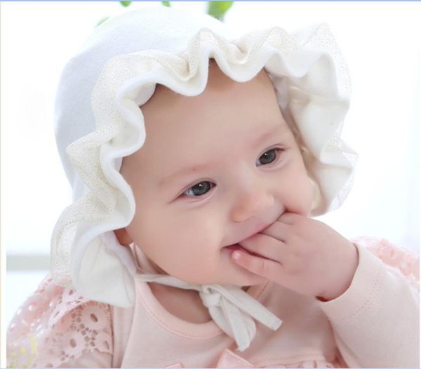 

caps & hats autumn baby girls hat cotton girl lace pink white soft cap for infant adjustable princess born cloth accessories, Yellow