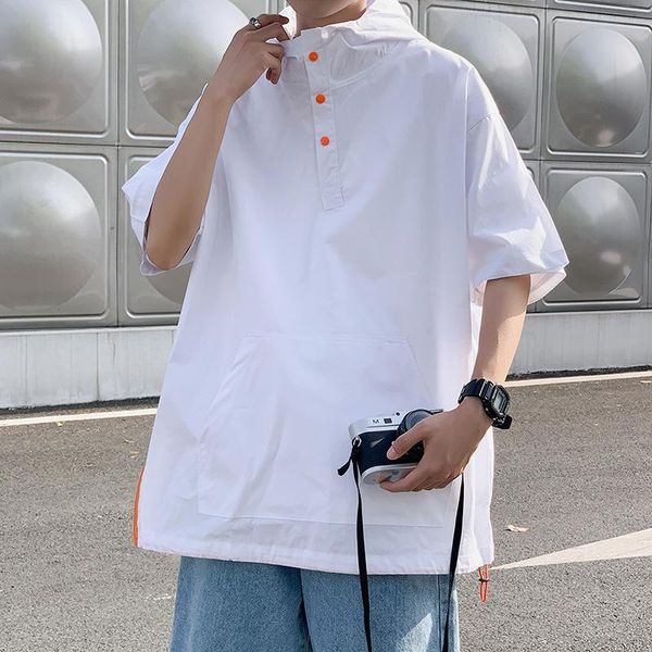 

men's hoodies & sweatshirts short-sleeved half-button design hoodie summer hong kong style japanese ins youth pullover harajuku sweatsh, Black