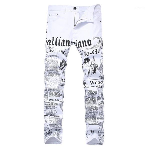 

mens autumn denim trousers letter newspaper printing casual white pants male painted skinny jeans plus size, Blue