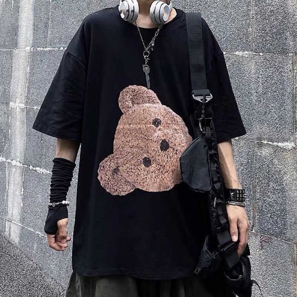 

brand t shirt p aangles / palm a big head teddy bear cotton short sleeve couple t-shirt, White;black