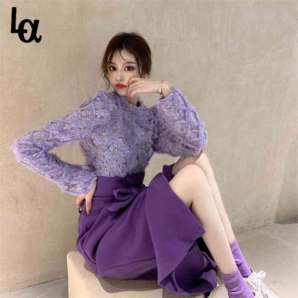 

chic spring purple lace blouse slim high waist bow up split skirts fashion vintage temperament gentle sets 210519, White
