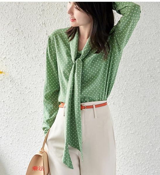 

white butter green, gentle and intellectual beauty, small number of ribbon mulberry silk polka dot women's shirt blouses & shirts
