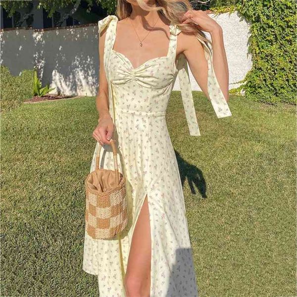 Ремешок платье длинные элегантные моды женские романтические цветочные печати безымянные щелочные скольжения платья летняя одежда для женщин 210517