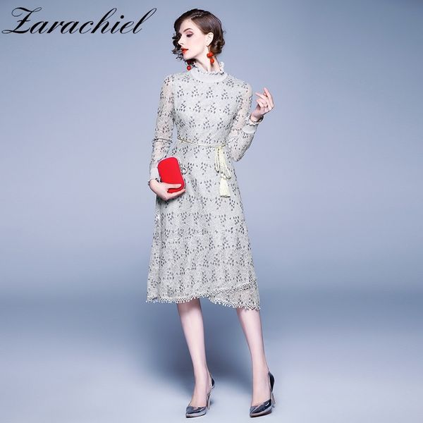 

autumn women tassels belt lace stand collar hollow out long sleeve party see-through flower embroidery fairy dress 210416, Black;gray