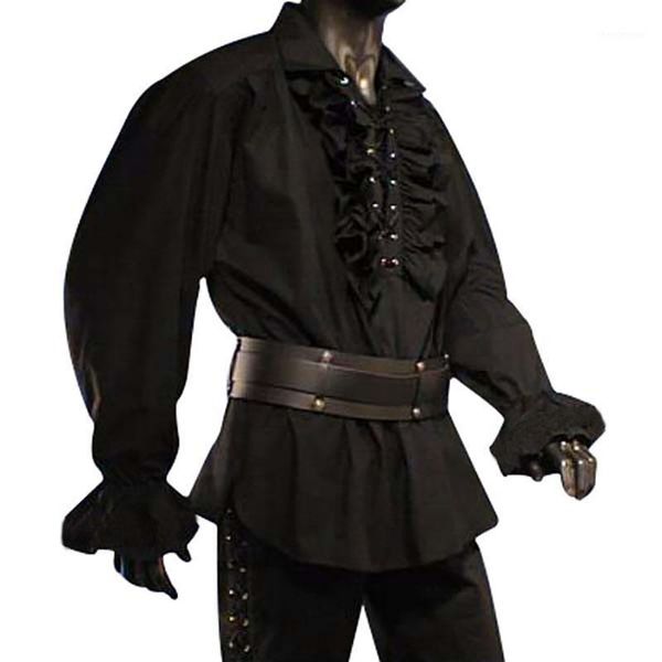 

men's dress shirts pirate costume men's fashion bandage lacing up fluffy sleeve vintage medieval gothic blouse male solid shirt, White;black