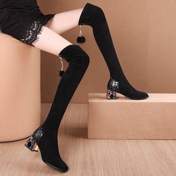 

boots high heel elastic women's autumn winter over knee 2021 thin thick fashion, Black
