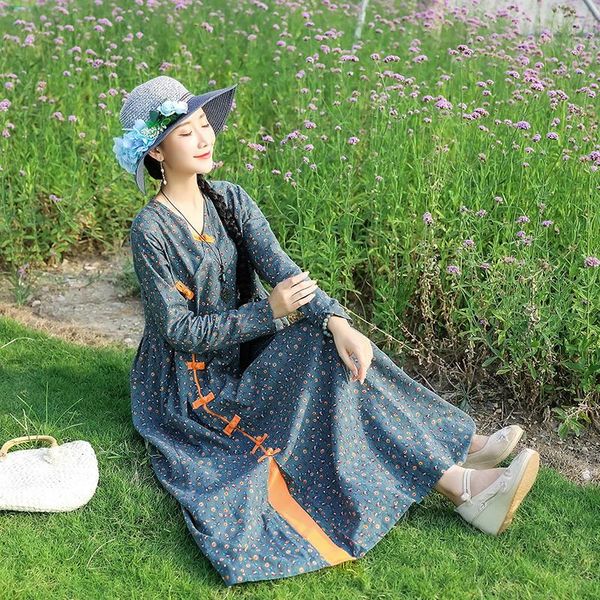 

spring/autumn arts style women casual loose long sleeve v-neck print dress button design cotton linen dresses big size a966, Black;gray