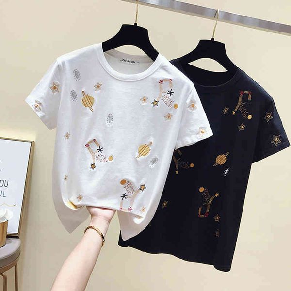 

women's t-shirt blouse embroidered from cartoons summer women's short sleeve t-shirt korean fashionable cotton femme aalx, White