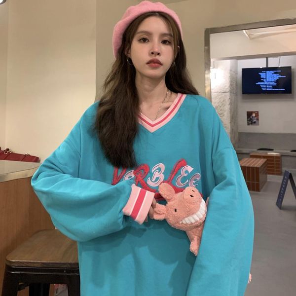 

women's sweaters american hiphop high street v-neck sweatshirt for women spring and autumn thin ins loose bf idle style retro early top, White;black