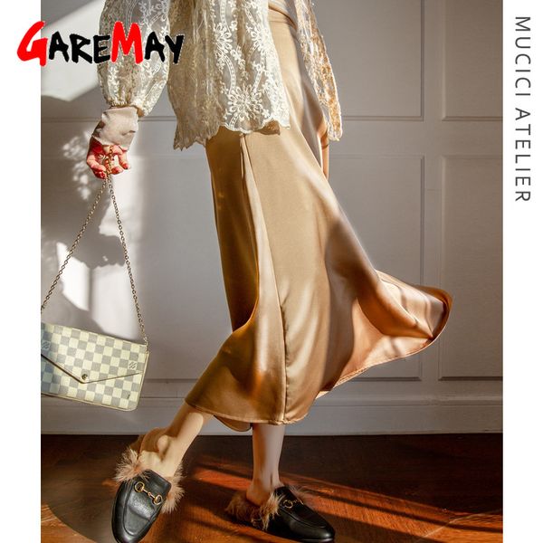 

summer women silk satin skirts office lady hight waist for elegant mid-calf long korean style party skirt 210428, Black
