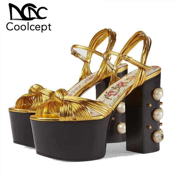 

coolcept women high heel sandals string bead thick heels fashion buckle gold party summer shoes size 34-42, Black