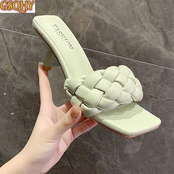 

ladies thin heels slippers women's summer flip flops pu leather female waterproof mid shoes woman square toe shoe 2021, Black