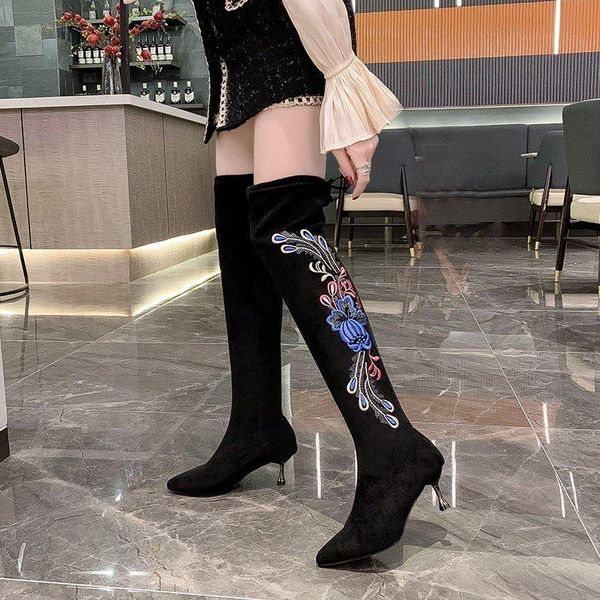 

boots women's over knee embroidered thigh ladies casual 2021 winter keep warm snow high heels shoes woman, Black