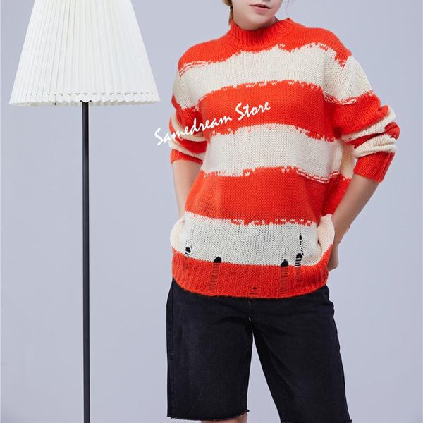 

striped hole women knitted sweater o-neck long sleeve loose casual wild lady women's sweaters, White;black