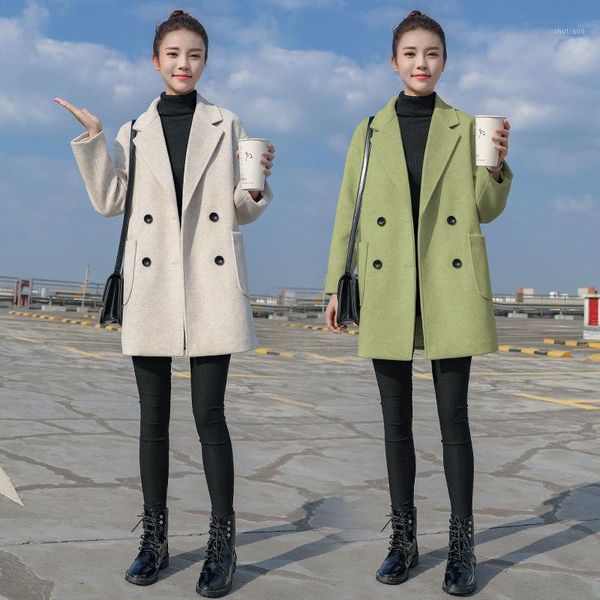 

women's wool & blends fashion autumn winter double breasted coat korean solid mid-length overcoat female woolen jacket plus size l1006, Black