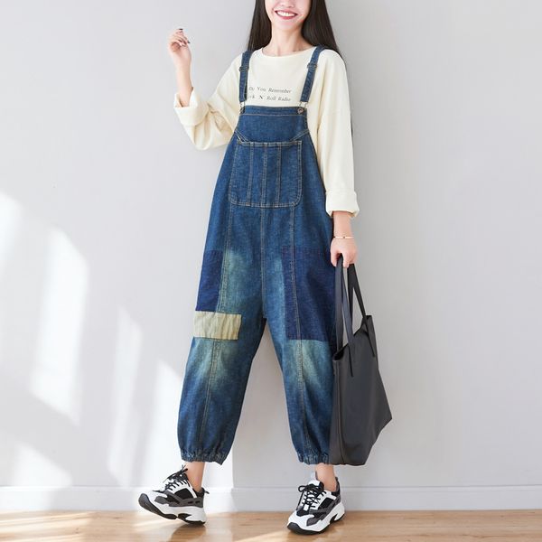 Johnature Lose Retro Taschen Einfarbig Plus Größe Einstellbar Denim Overalls Herbst Freizeit All-match Frauen Overalls 210521