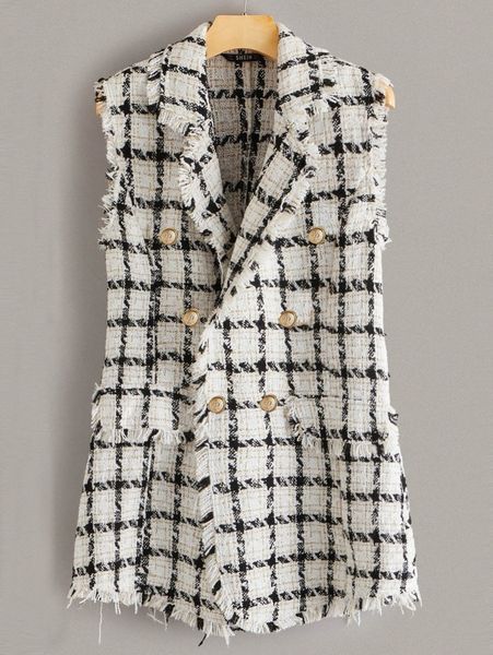 

notch collar frayed edge tweed vest blazer s3mb#, White;black