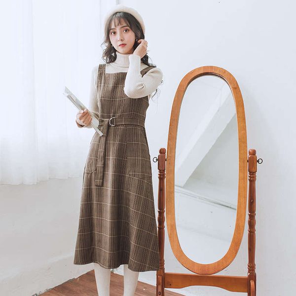 

spring casual hong dresses kong style plaid dress academic mid length high waist versatile strap skirt, Black;gray