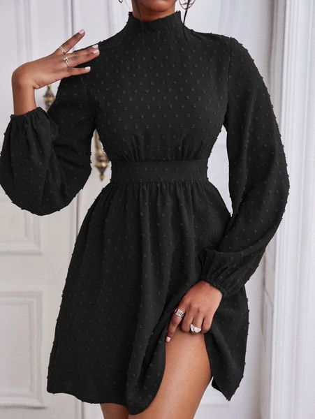 

mock neck swiss dot lantern sleeve dress u1ap#, Black;gray