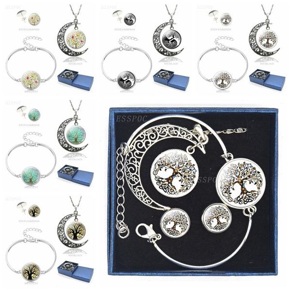 

earrings & necklace tree of life jewelry set glass cabochon crescent moon stud bracelet women, Silver