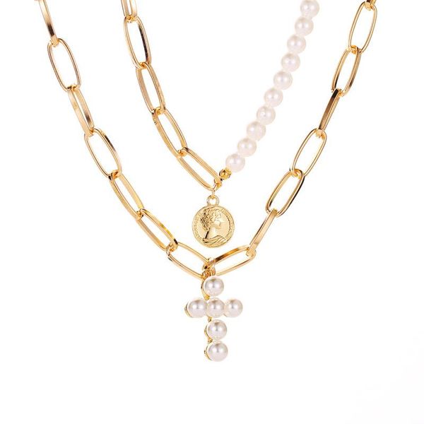 

pendant necklaces exaggerated pearl cross necklace female thick chain multilayer disc portrait, Silver