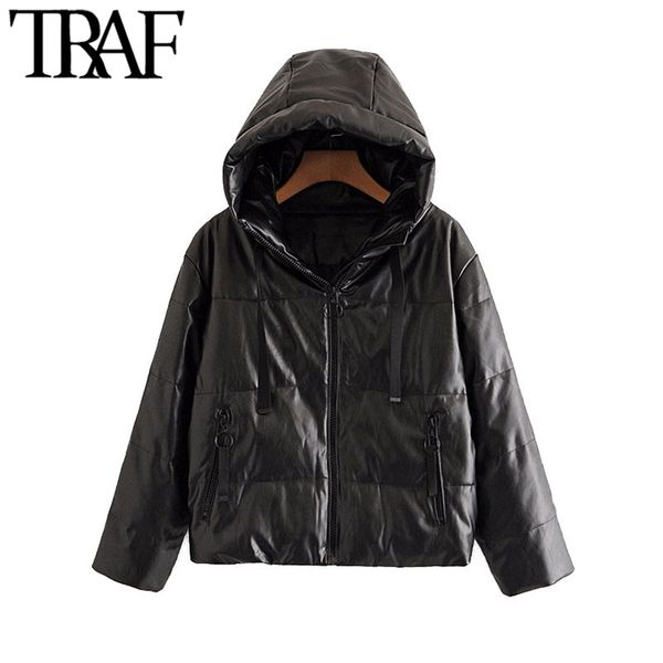 

traf women fashion thick warm faux leather padded jacket coat vintage long sleeve loose female outerwear chic 210415, Black