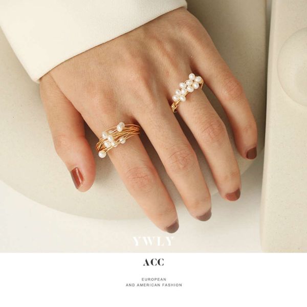 

hand wound natural real pearl ring french fairy temperament new japanese and korean hand ornaments, Black
