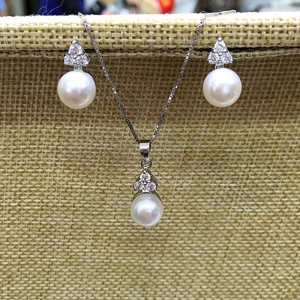 

earrings & necklace fine jewelry sets earring and 100% real natural freshwater cultured pearls inlaid zircon, Silver