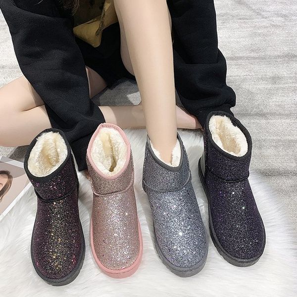 

boots female snow boots with glitter, women's shoes short barrel shiny, warm and soft platform for winter ofoa, Black