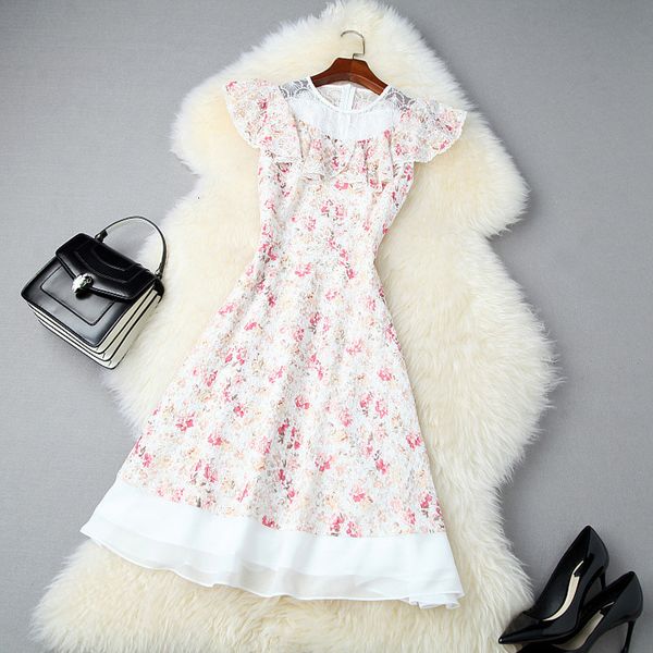 

casual dresses summer sleeveless round neck multicolor floral print chiffon embroidery panelled knee-length dress elegant lj18t10980 h4j3, Black;gray