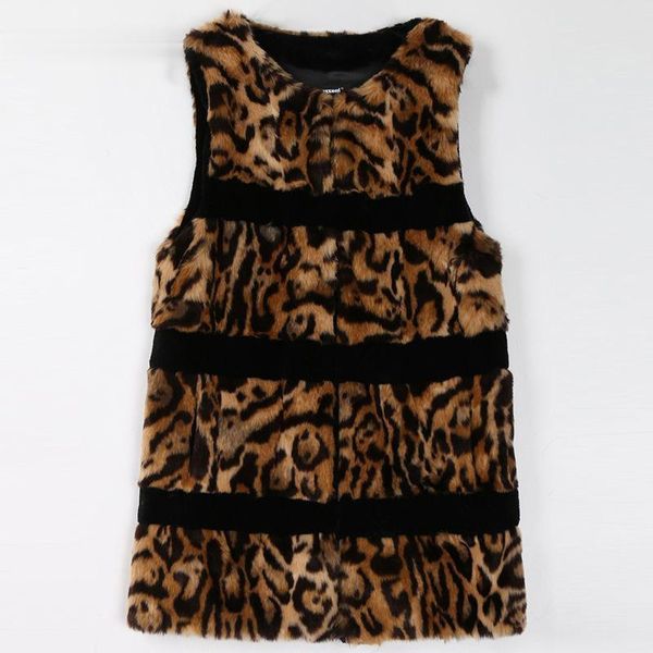 

women's fur & faux leopard print blouse vest autumn and winter wear slim mid-length jacket, Black