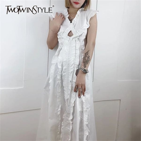 Weißes elegantes Kleid für Frauen mit V-Ausschnitt, ärmellos, hohe Taille, Patchwork, Rüschen, Midi-Kleider, weibliche Sommermode 210520
