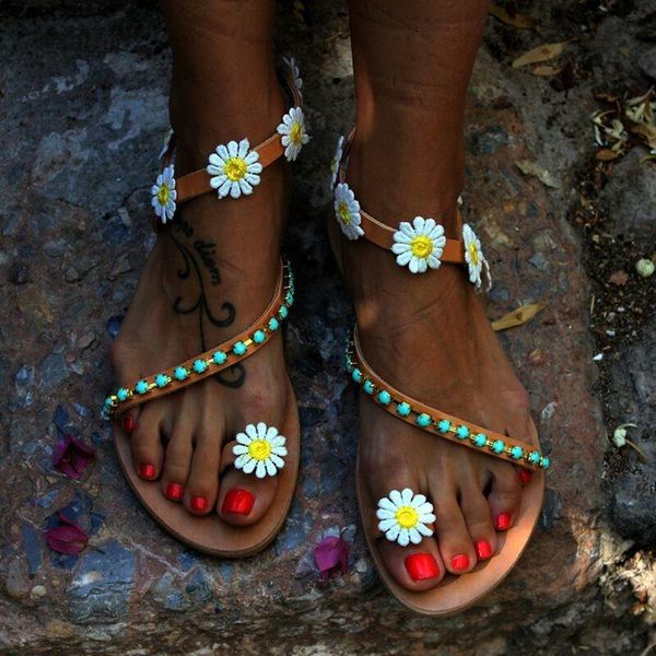 

sandals summer shoes woman gladiator women flat fashion weet flowers boho beach ladies plus, Black