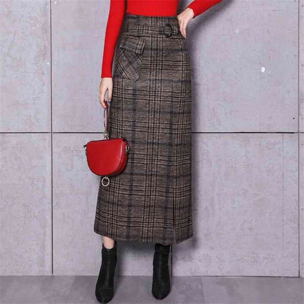 Elegante retro fêmea hight cintura longa saia xadrez mulheres casuais retas vintage moda maxi jupe longupe femme slim 210421