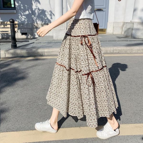 

skirts long skirt women 2021 summer national plus size tensil cotton linen print a- line bohemia retro fresh sweet, Black