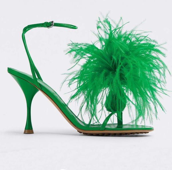 

designer heels women dress shoes leather and ostrich feather sandals logo heel square design sandal two highly exquisite comfortable with bo, Black