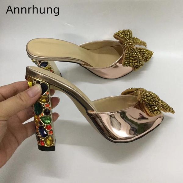 

slippers jeweled rhinestone bowtie runway mules bright patent leather high heel peep toes diamond hoof summer 2021 women, Black