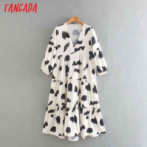

fashion women print arrival ruffle v neck ladies loose midi dress vestidos xn132 210416, Black;gray