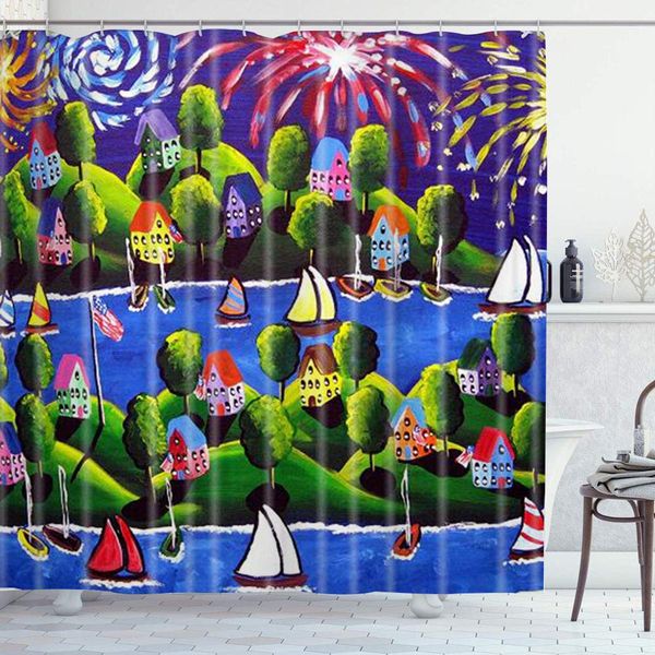 

shower curtain 4th of july fireworks polyester fabric waterproof bath curtains hooks included - 72 x 72 inches