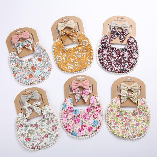 

3pcs/set flower print baby bibs soft cotton bowknot girls headband born infant toddler feeding stuff & burp cloths