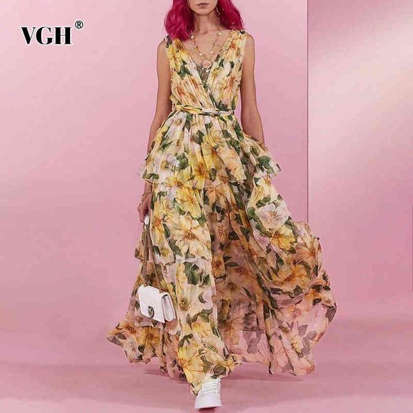 

vgh print floral dress for women v neck sleeveless high waist backless maxi dresses female fashion new clothing summer 210421, Black;gray