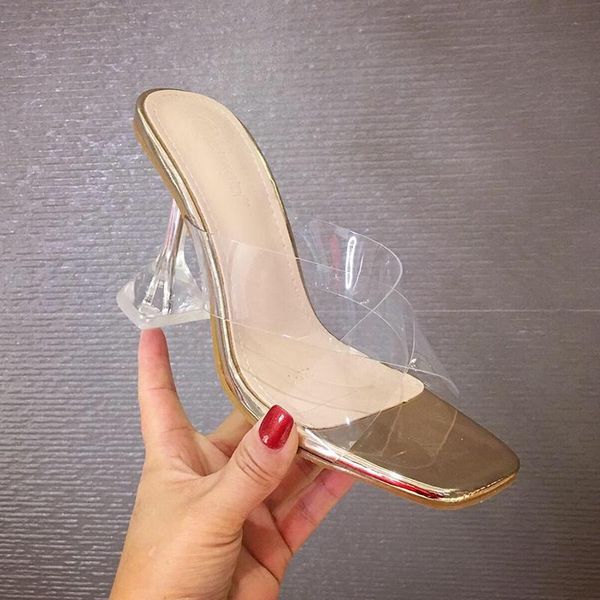 

slippers women's shoes, outdoor slippers, summer square head transparent glass glue yellow champagne high h, Black