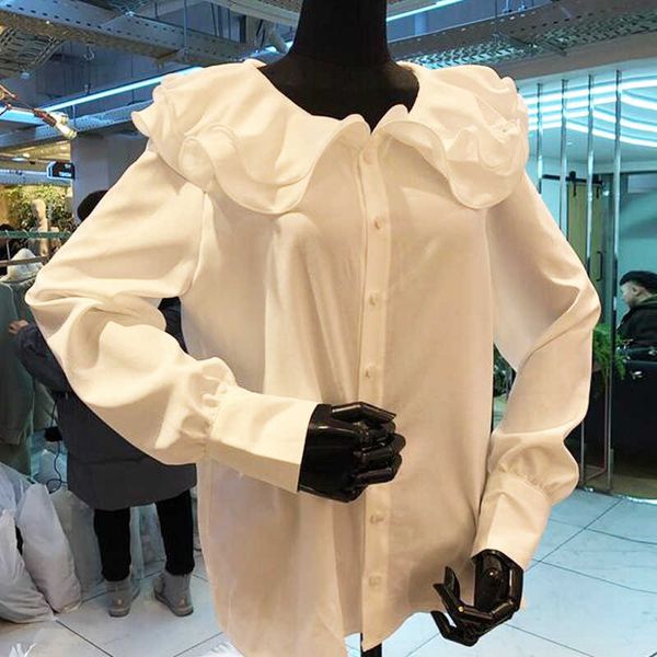 

spring sweet peter pan collar ruffles patchwork white full shirt women's 210615
