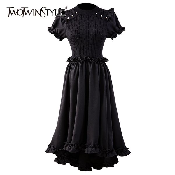 

elegant black dress for women o neck puff short sleeve high waist patchwork a line midi dresses female summer 210428, Black;gray